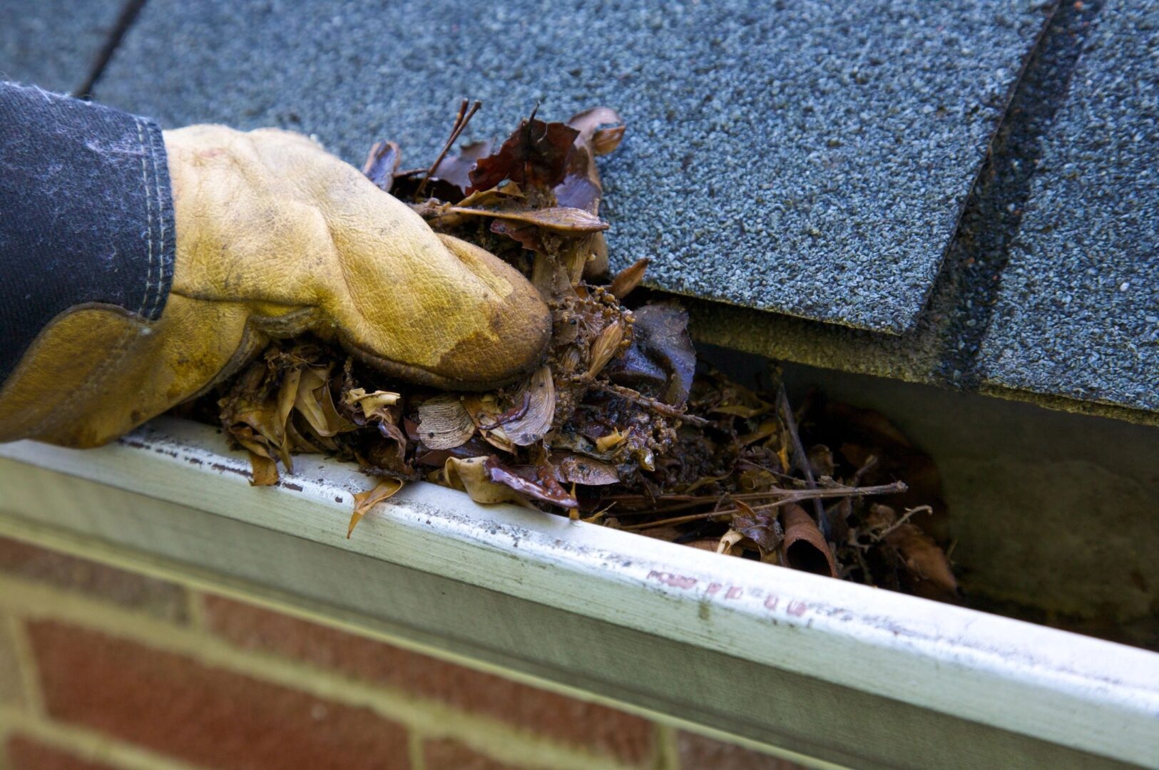 A person is cleaning leaves from the gutter.